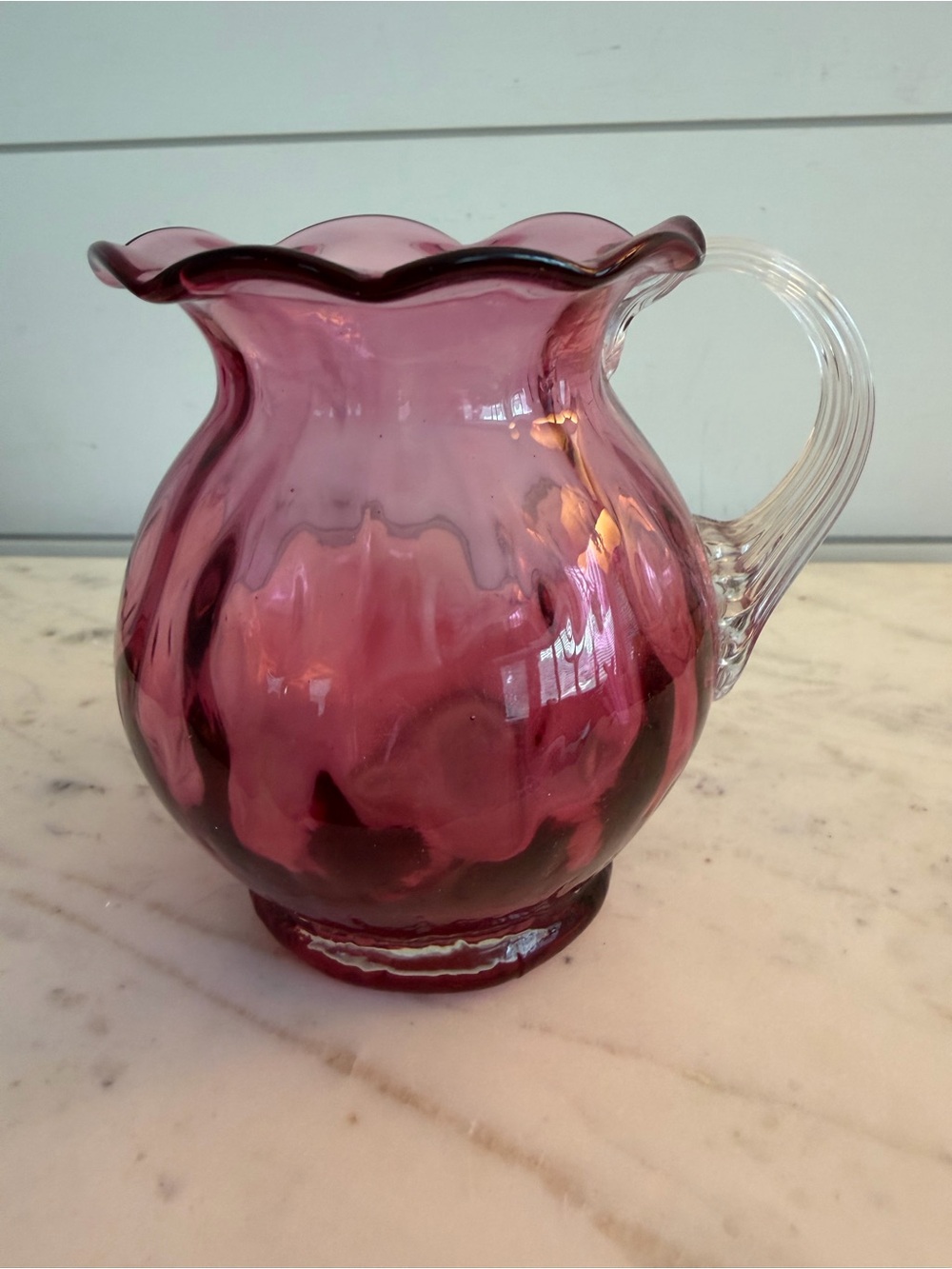 Vintage Cranberry Glass Vase with Clear Handle